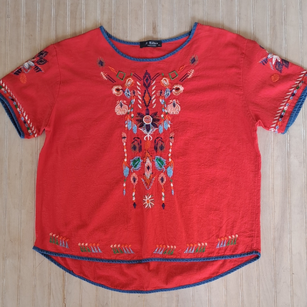 E-Retro Red Embroidered Boho Aztec Folk Peasant Blouse Festival Gauze Top